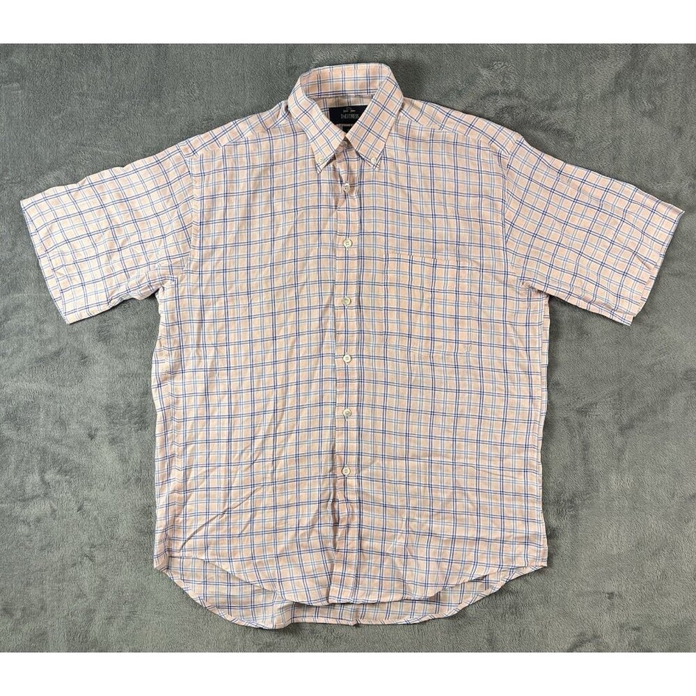 Dalydress Nautical Short Sleeve Button Up Shirt Men's L Pink Plaid 100% Linen